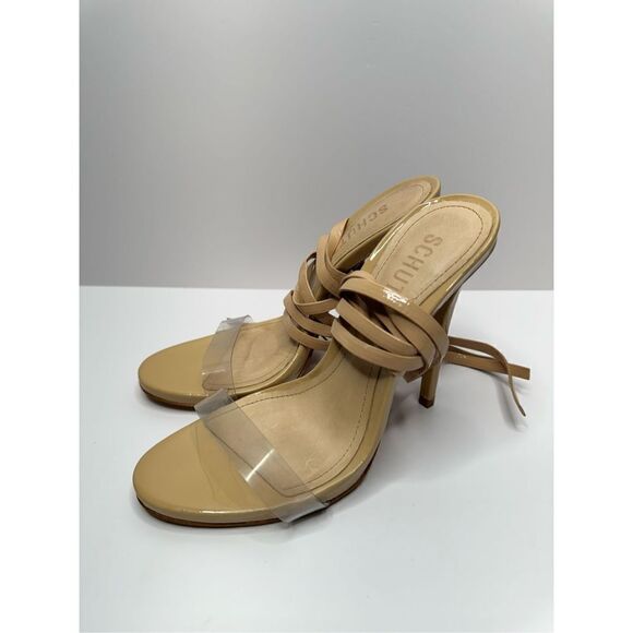 SCHUTZ Sandals Womens Size 6B Tan Vinyl Wraparound High Cloe Heels - Picture 2 of 10